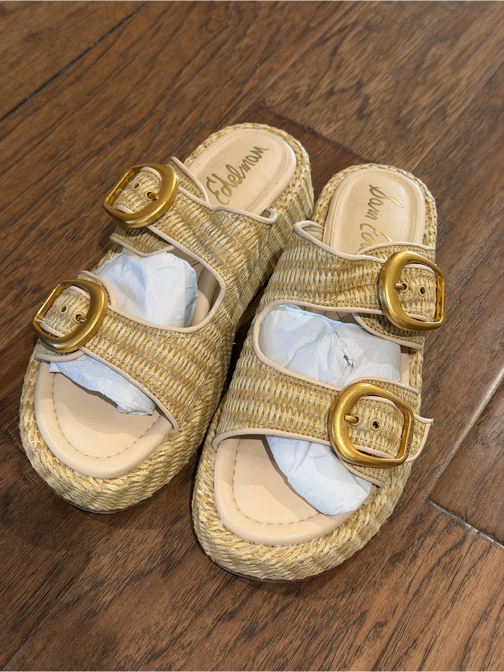 Sam Edelman Natural Straw Slide Sandals with Gold Buckles